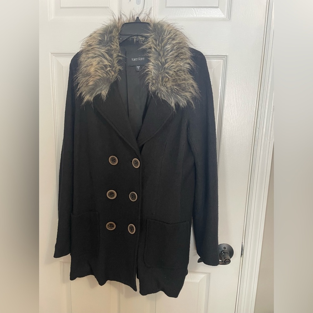Karen Kane Black Pea Coat with Faux Fur Collar